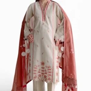 3 piece embroidered lawn suit with paper cotton dupatta and borders gulahmed