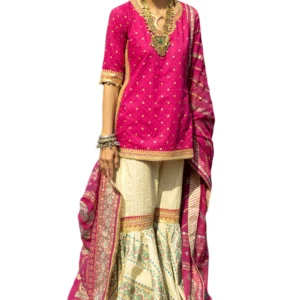 3 piece gold and lacquer printed lawn gharara suit with gold and lacquer printed chiffon dupatta and embroidered lace gulahmed (copy)