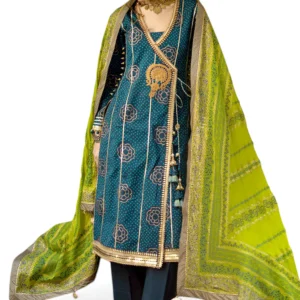 3 piece gold and lacquer printed lawn suit with gold and lacquer printed chiffon dupatta and dyed trouser gulahmed