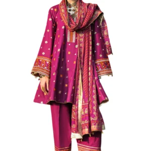 3 piece embroidered lawn suit with gold and lacquer printed chiffon dupatta and dyed trouser gulahmed (copy)