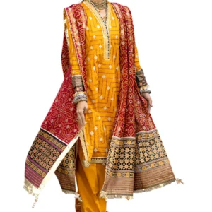 3 piece embroidered gold and lacquer printed lawn suit with gold and lacquer printed chiffon dupatta and dyed trouser gulahmed