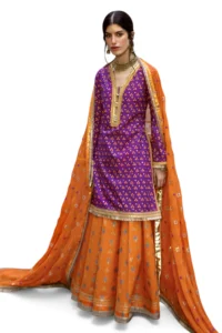 Home 3 piece embroidered gold and lacquer printed lawn suit with gold and lacquer printed chiffon dupatta and dyed trouser gulahmed (copy)