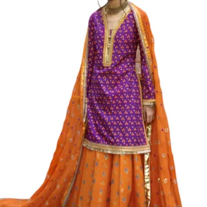 3 piece embroidered gold and lacquer printed lawn suit with gold and lacquer printed chiffon dupatta and dyed trouser gulahmed (copy)