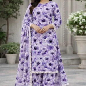 3 piece lawn suit with chiffon dupatta elegant purple and lavender floral design