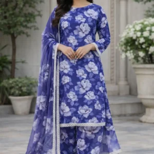 3 piece lawn suit with chiffon dupatta white and light purple floral design