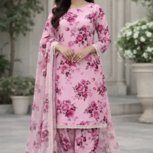 3 piece lawn suit with chiffon dupatta magenta and pink floral design