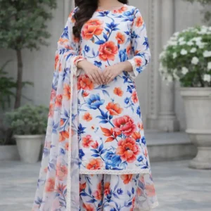 3 piece lawn suit with chiffon dupatta vivid tropical floral design
