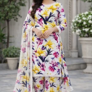 3 piece lawn suit with chiffon dupatta yellow, purple, and pink floral pattern