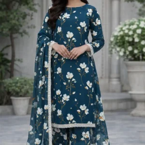 3 piece lawn suit with chiffon dupatta dark teal floral design
