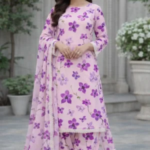 3 piece lawn suit with chiffon dupatta light pink and purple floral design