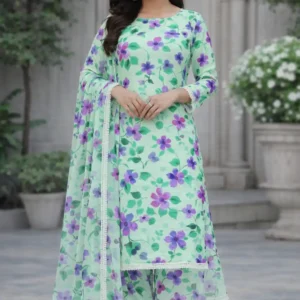 3 piece lawn suit with chiffon dupatta mint green and purple watercolor floral design