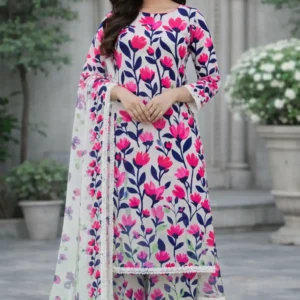 3 piece lawn suit with chiffon dupatta mint green and purple watercolor floral design (copy)