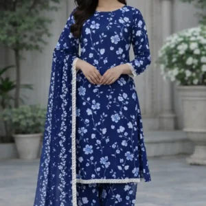 3 piece lawn suit with chiffon dupatta bright pink and dark blue floral design (copy)