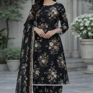 3 piece lawn suit with chiffon dupatta turquoise floral design (copy)