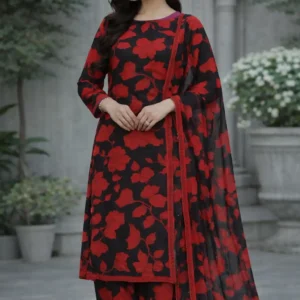 3 piece lawn suit with chiffon light background with blue floral (copy)