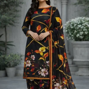 3 piece lawn suit with chiffon black fabric with vibrant yellow, red, and green floral