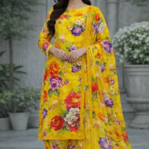3 piece lawn suit with chiffon black fabric with vibrant yellow, red, and green floral (copy)