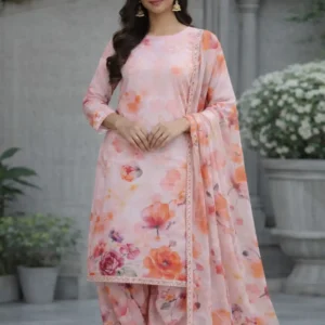 3 piece lawn suit with chiffon dupatta soft pastel pink and orange floral