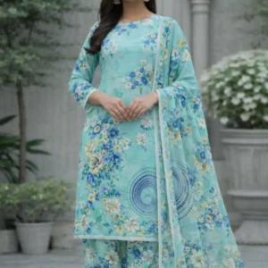 3 piece lawn suit with chiffon dupatta light turquoise fabric