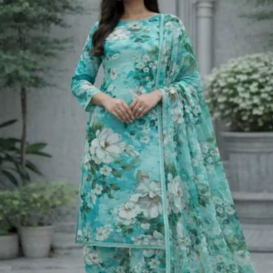 3 piece lawn suit with chiffon dupatta y turquoise floral