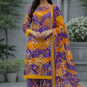 3 piece lawn suit with chiffon dupatta light blue fabric with floral and geometric patterns (copy)