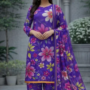 3 piece lawn suit with chiffon dupatta purple floral fabric