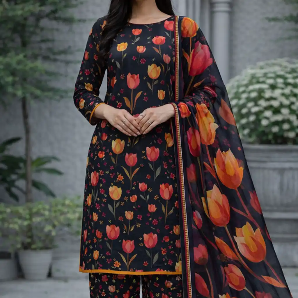 3 piece lawn suit with chiffon dupatta dark floral tulip fabric 3 piece lawn suit with chiffon dupatta dark floral tulip fabric