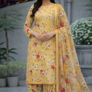 3 piece lawn suit with chiffon dupatta light mustard yellow fabric with delicate floral patterns