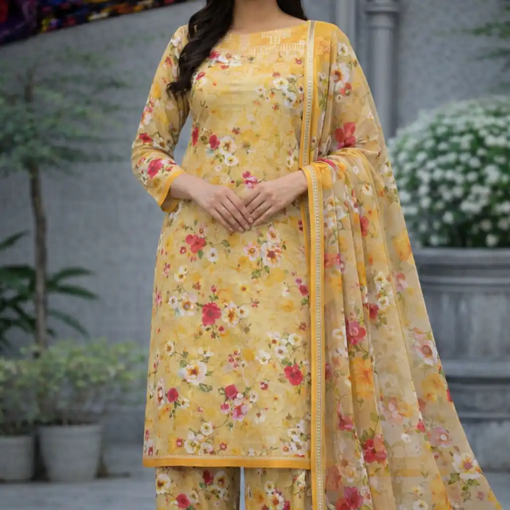 3 piece lawn suit with chiffon dupatta light mustard yellow fabric with delicate floral patterns 3 piece lawn suit with chiffon dupatta light mustard yellow fabric with delicate floral patterns