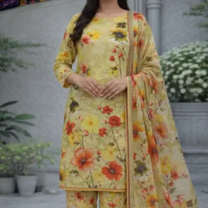 3 piece lawn suit with chiffon dupatta light mustard yellow fabric with delicate floral patterns (copy)