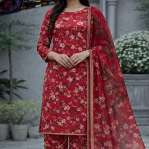 3 piece lawn suit with chiffon dupatta red floral fabric