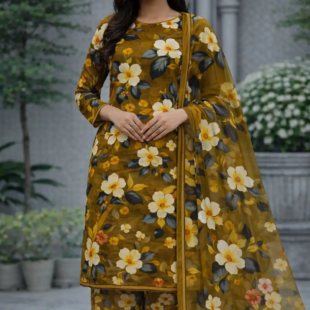 3 piece lawn suit with chiffon dupatta mustard‑olive floral fabric 3 piece lawn suit with chiffon dupatta mustard‑olive floral fabric