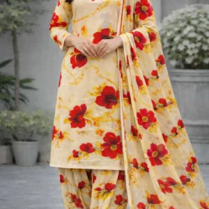 3 piece lawn suit with chiffon dupatta mustard‑olive floral fabric (copy)