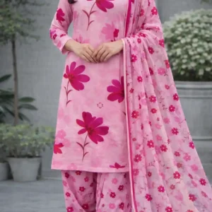 3 piece lawn suit with chiffon dupatta pink floral fabric