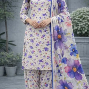 3 piece lawn suit with chiffon dupatta purple‑pink floral fabric