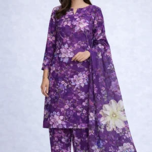 3 piece lawn suit with chiffon dupatta purple floral fabric