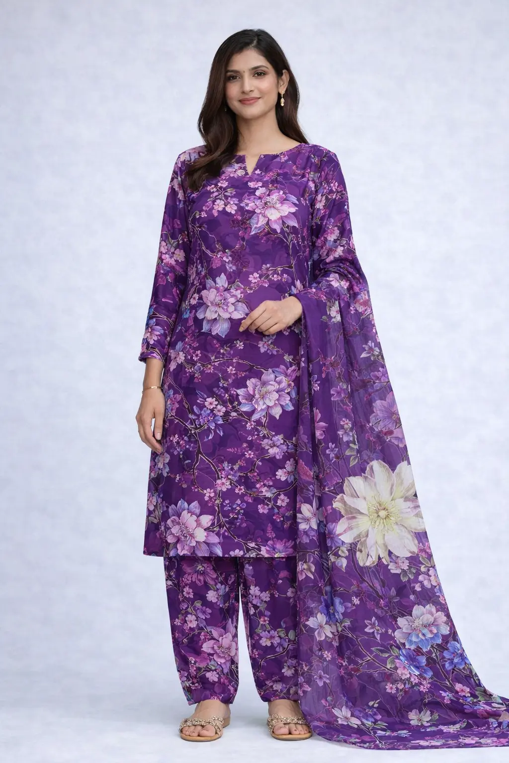 3 piece lawn suit with chiffon dupatta purple floral fabric 3 piece lawn suit with chiffon dupatta purple floral fabric