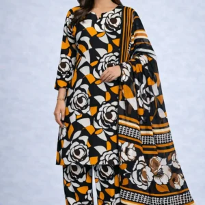 3 piece lawn suit with chiffon dupatta orange and black floral fabric