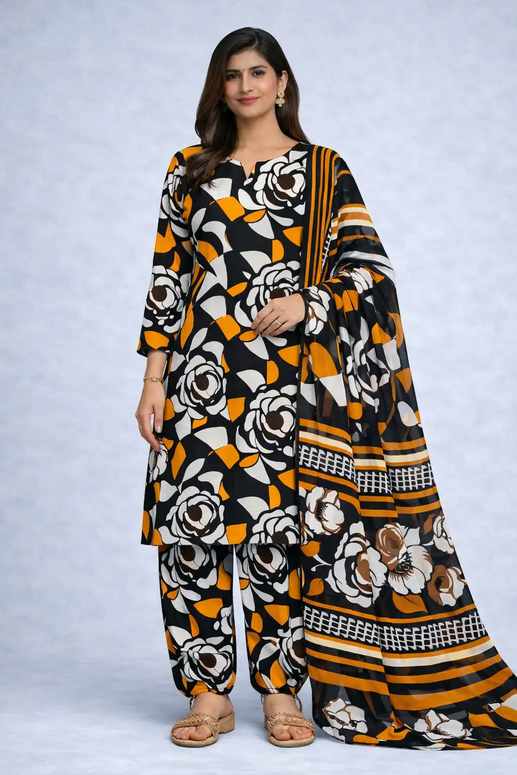 3 piece lawn suit with chiffon dupatta orange and black floral fabric 3 piece lawn suit with chiffon dupatta orange and black floral fabric