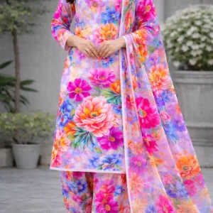 3 piece lawn suit with chiffon dupatta pink floral design
