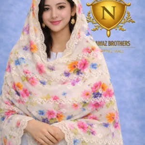 shawl printed design with embroidery lawn nawaz brothers